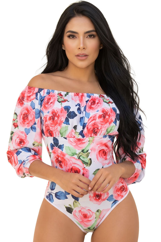 Colombian Pink Rose Off-The-Shoulder Floral Body Slimmer 7943