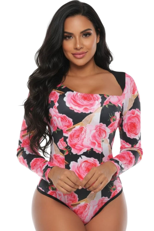Colombian Pink Rose Floral Long Sleeve Body Slimmer 9010