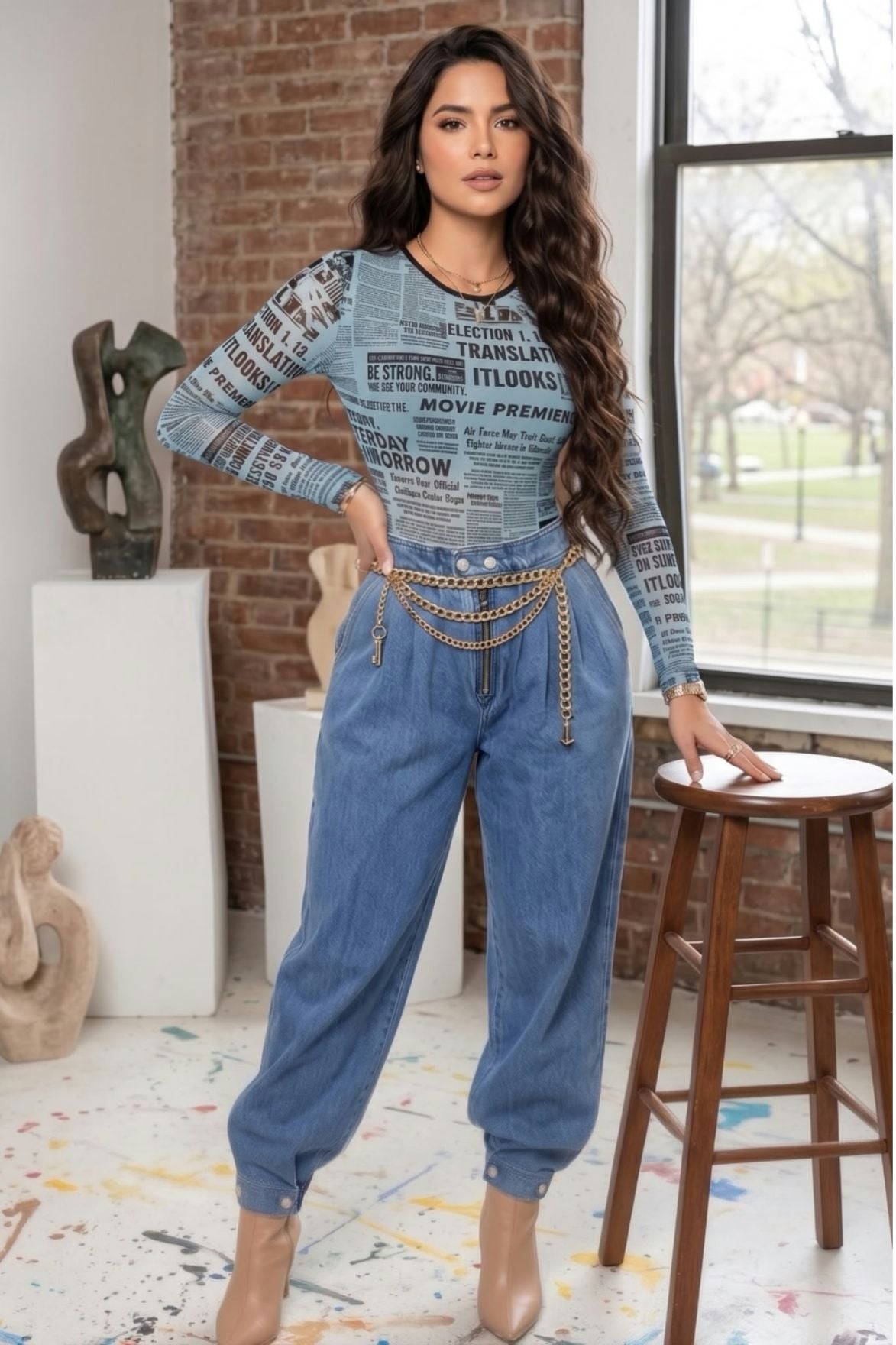 Colombian Blue Newspaper Print Long Sleeve Body Slimmer 9112