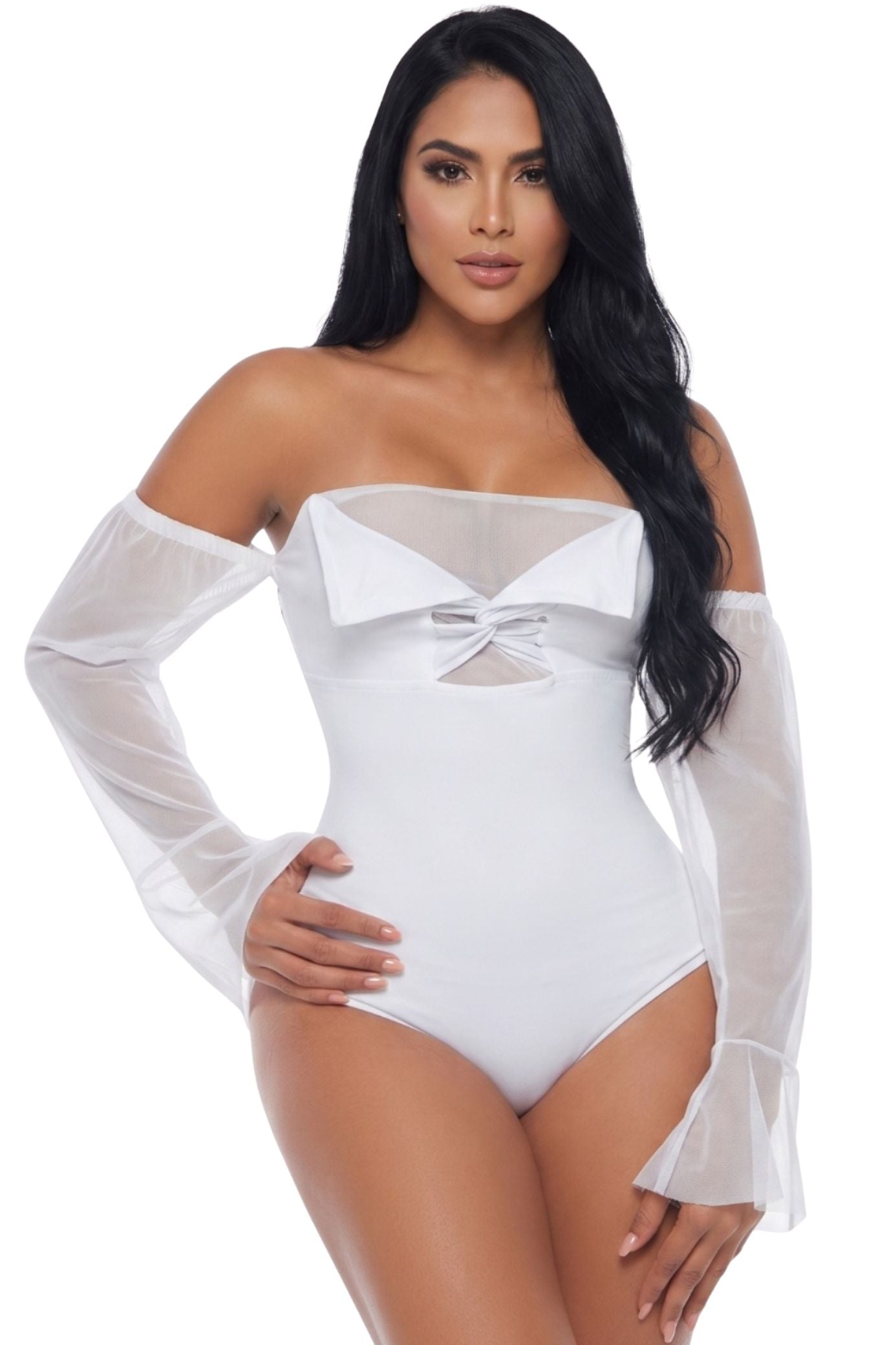 Colombian White Off-The-Shoulder Mesh Sleeve Body Slimmer 7989