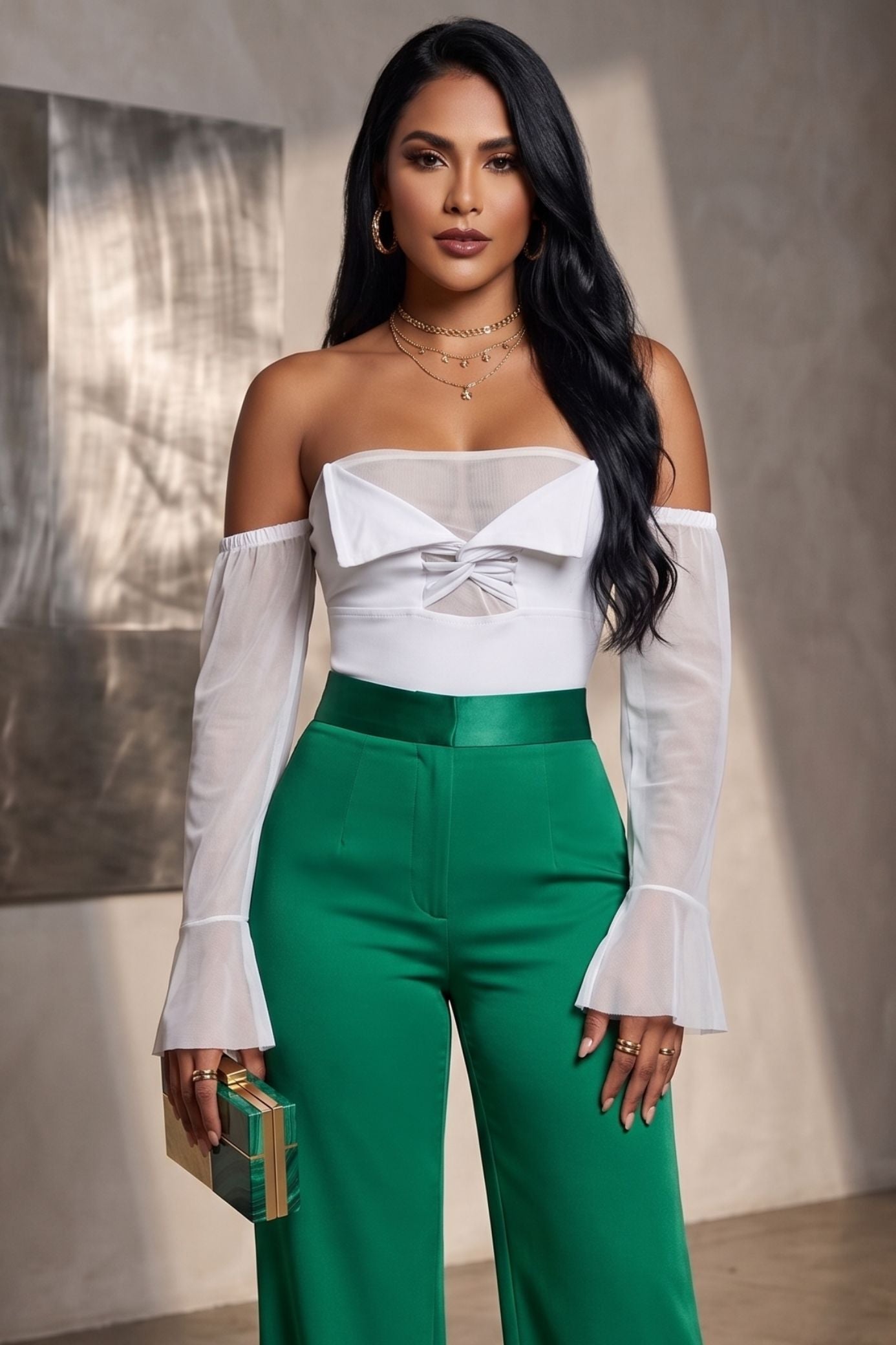 Colombian White Off-The-Shoulder Mesh Sleeve Body Slimmer 7989