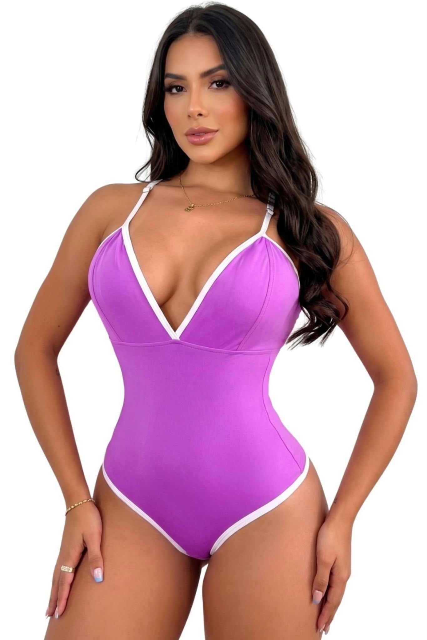 Colombian Purple Contrast V-Neck Body Slimmer 9148