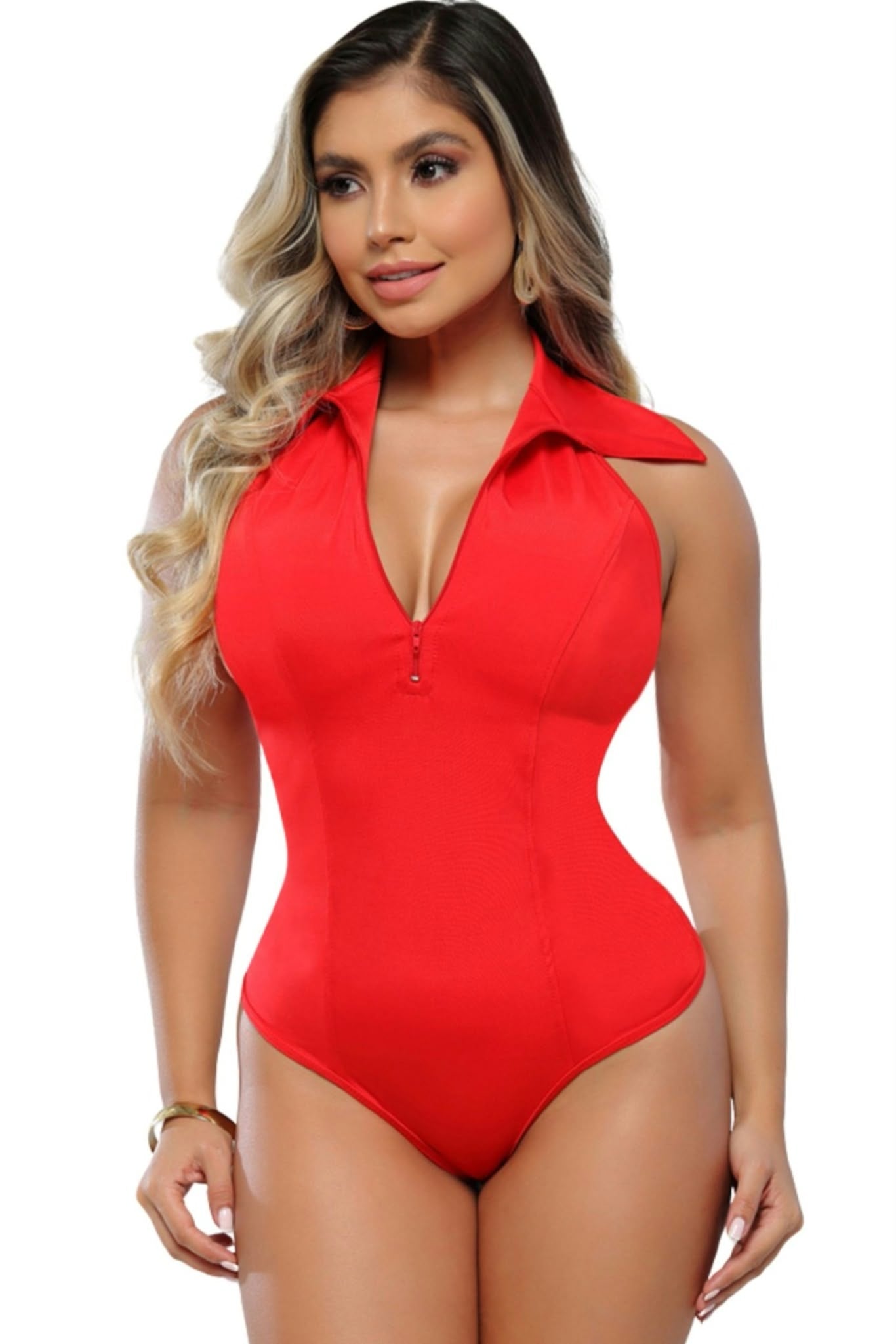Colombian Red Sleeveless Zip Polo Body Slimmer 9141
