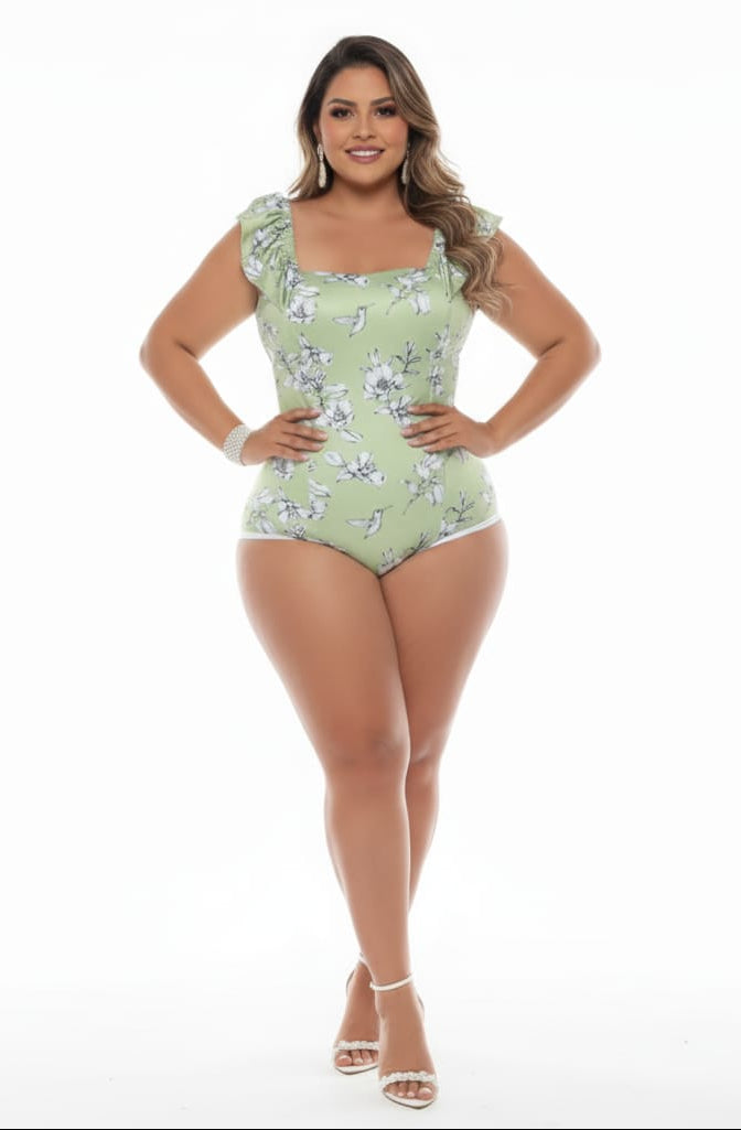 Colombian Sage Green Floral Ruffle Strap Body Slimmer 8022